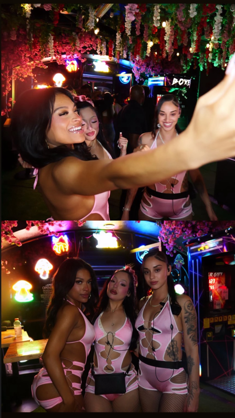 Two-photo collage of the crew taking a selfie and posing together